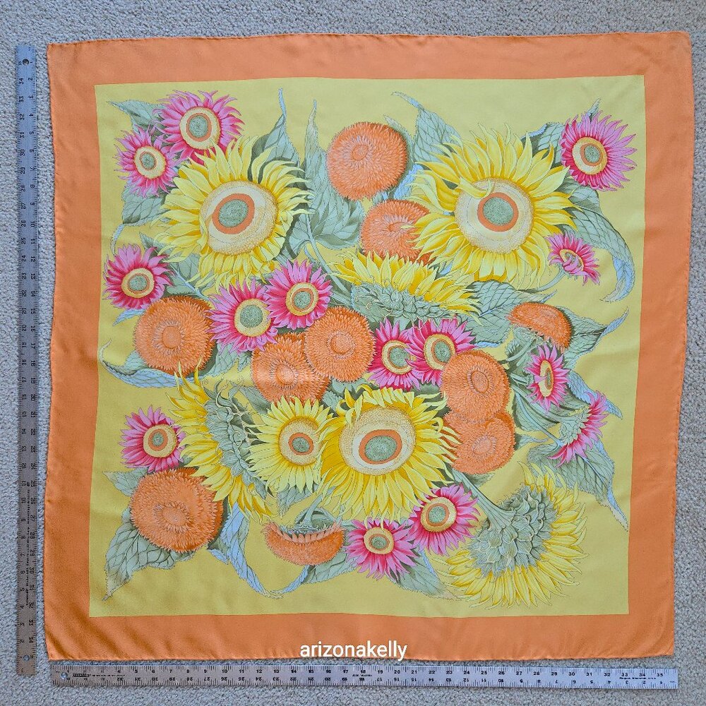 Large Silk Twill Scarf Hand-Rolled Sunflowers Floral Orange Yellow